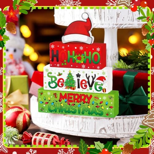 Moucuny 3 Pcs Christmas Wooden Stacking Blocks Farmhouse Table Decor - Image 4