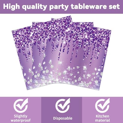 50 Pcs Purple Birthday Plates and Napkins Purple and Silver Happy Birthday Party Supplies for 25 Guests Table Decorations for Women Girl Birthday Decorations Paper Plates Napkins - Image 4