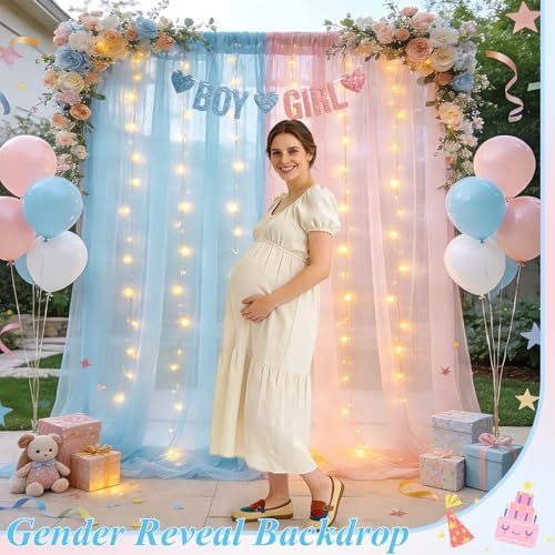 Ledido 10×8ft Pink Blue Tulle Backdrop Curtains with Light(2 Panels 5×8ft) - Image 6