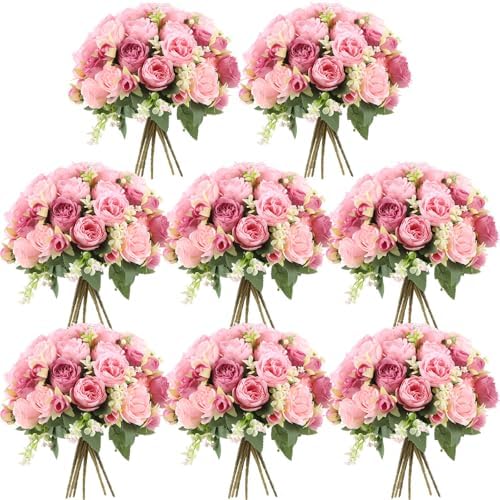 Geosar 8 Bundles Artificial Peonies Flowers,Russet Red, Light Pink by Geosar