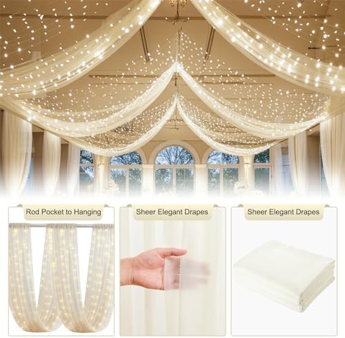 Ivory Ceiling Drapes with Lights String for Weddings, 6 Panels 5ftx10ft Sheer Tulle Backdrop Photo Background Drapes for Wedding Ceremony Birthday Party Arch Decoration - Image 4