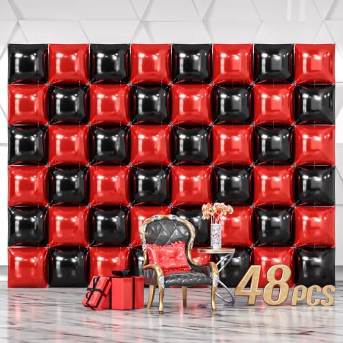 NISOCY 48PCS Red and Black Square Foil Balloons Wall Backdrop by NISOCY
