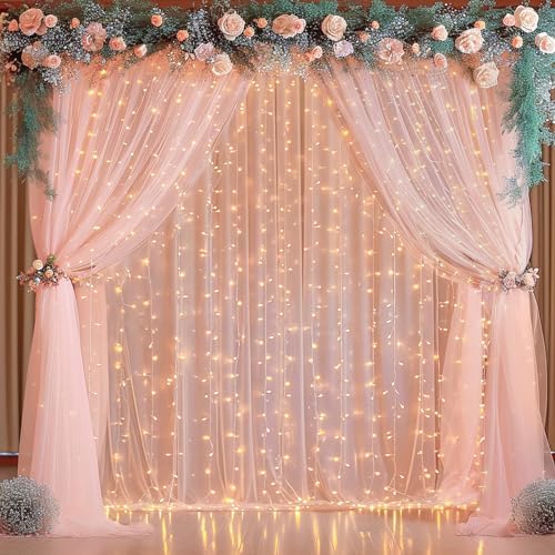 10x10ft Peach Tulle Backdrop Curtain with Lights String for Parites, Sheer Photo Backdrop Curtains for Wedding Baby Shower Birthday Party Photo Shoot Background Decorations - Image 4