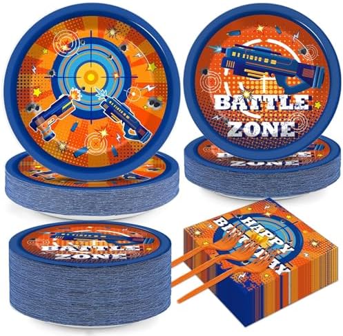 Qyeahkj 200 Pcs Dart War Birthday Party Supplies Gun Game Theme Party Tableware Set Paper Plates and Napkins Dart Battle Gunfight Game Party Decorations Gun Happy Party Favors for Boys Serves 50 by Qyeahkj