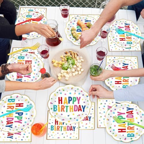 96PCS Polka Dot Plates Tableware Set Supplies Happy Birthday Cake Dessert Scalloped Paper Plates Napkins Tableware Set Polka Dot Theme Colorful Birthday Plate Dinnerware Decoration for 24 Guests - Image 6
