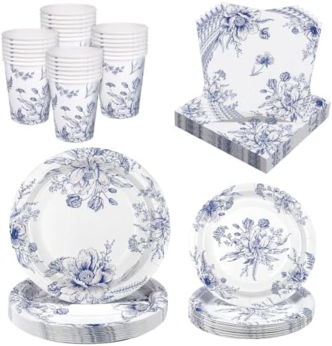 Kochorie 96 Piece Blue and White Floral Disposable Party Supplies Elegant Floral Paper Plates, Cups, and Napkins 9 Inch and 7 Inch Plates Serves 24 Guests for Birthday or Baby Shower by Kochorie