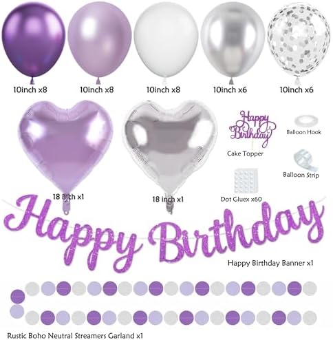 Purple Silver Birthday Party Decorations Kit with Happy Birthday Banner, Paper Lanterns, Streamers, Tissue Pom Poms, Honeycomb Flower Fans, Silver and Purple Balloons, & More for Women Girls' Party - Image 3