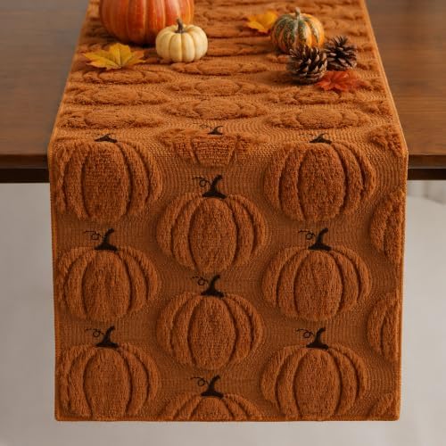Fall Table Runner 13x108 Inch Soft Plush Faux Fur Jacquard Rust Pumpkin Table Runner, Seasonal Autumn Kitchen Dining Table Decoration for Home Party Decor ZR010B108 by Unknown