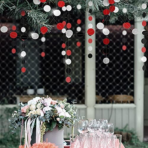 WEVEN Red Black Silver Glitter Paper Garland Circle Dot Streamer Party Banner Backdrop Hanging Decorations, 2.5" in Diameter, 20 Feet in Total - Image 3