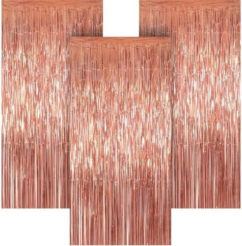 3 Pack 3.28ft x 6.56ft Rose Gold Metallic Tinsel Foil Fringe Curtains, Photo Booth Backdrop Party Decorations for Birthday Wedding Baby Shower Galentines Graduation Bachelorette New Years by Unknown