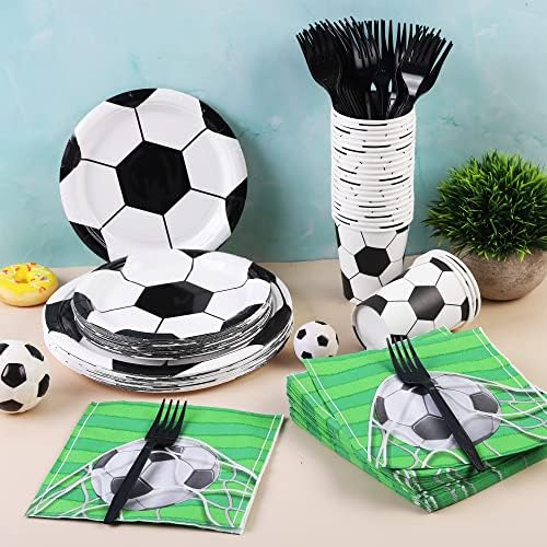 durony 144 Pieces Soccer Paper Plates and Napkins Dinnerware Set Soccer Birthday Party Tableware Supplies Includes Paper Plates Napkins Forks Serve 24 for Sports Party Supplies - Image 5