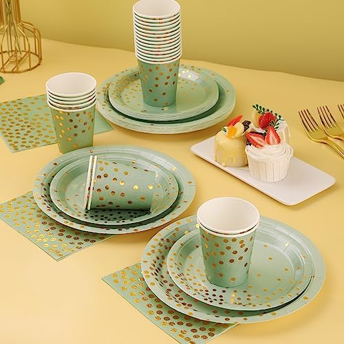 175 Pcs Sage Green Plates and Napkins Party Supplies - Sage Green Paper Plates Serve 25 Guests - Sage Green and Gold Disposable Plates Sets for Holiday Wedding Birthday Party Decoration - Image 6