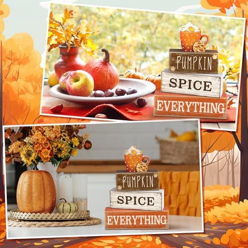 Moucuny 4 Pcs Fall Coffee Table Decor, Wooden Hot Cocoa Cup Block Sign - Image 3