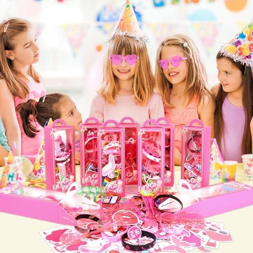 184Pcs Pink Girls Party Favors Pack - For 12Guests, Includ Goodie Box Heart Glasses Straws Bubble Wands Tattoo Sticker Bracelet Keychain, for Kids Girls Birthday Party Decoration Supplies - Image 3
