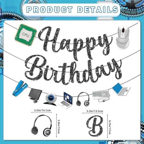 Computer Decorations for Office Birthday Computer Birthday Decorations Black PC Banner Garland Hanging Swirls - Image 2