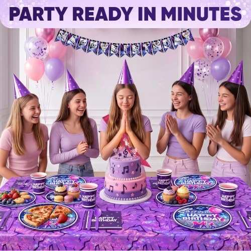 198 Pcs KPop Birthday Party Supplies for Girls – Music Theme Birthday Decorations for 24 Guests | Plates, Dessert Plates, Cups, Napkins, Knives, Forks, Spoons, Balloons, Banner & Tablecloth - Image 6