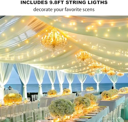 Sage Green Ceiling Drapes with Lights String for Weddings, 6 Panels 5ftx10ft Sheer Tulle Backdrop Photo Background Drapes for Wedding Ceremony Birthday Party Arch Decoration - Image 3
