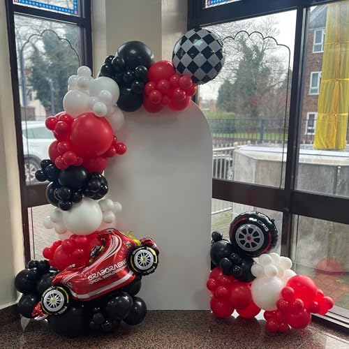 153Pcs Race Car Balloon Garland Arch Kit - Red and Black White Checkered Balloon Arch Kit 18 10 5 Inch Different Size Balloons for Racing Car Two Fast 2nd Theme Birthday Party Decorations - Image 3