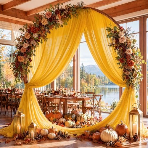 Gold Wedding Arch Draping Fabric Sheer Curtain Drapes 2 Panels | 20ft Extra Long Shimmery Backdrop Curtains Bulk for Wedding Anniversary Party Fall Outdoor Events Drapery Photo Backgrounds - Image 2