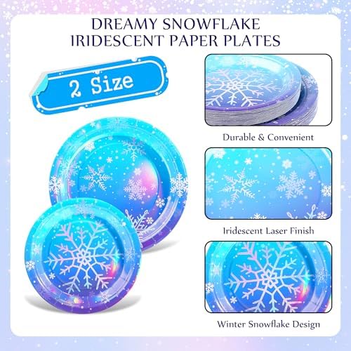 Kochorie 96 Pieces Frozen Iridescent Winter Snowflake Birthday Party Supplies Snowflake Tableware Set Disposable Paper Plates Cups Napkins Serve 24 Guests for Christmas Winter Wonderland Decorations - Image 3