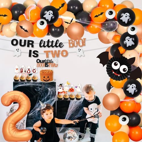 Our Little Boo Is Turning Two Decorations Halloween 2nd Birthday Two Spooky Orange Black Balloon Arch Number 2 Foil Balloon Banner Cake Cupcake Toppers Halloween Spider Decorations - Image 4