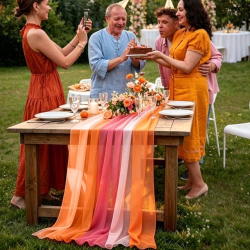 8 Pcs Pink and Orange Party Decorations, 10Ft Chiffon Table Runner Cloth, Boho Sunset Party Decorations for Wedding Table Bridal Shower Birthday Graduation Parties Supplies - Image 7