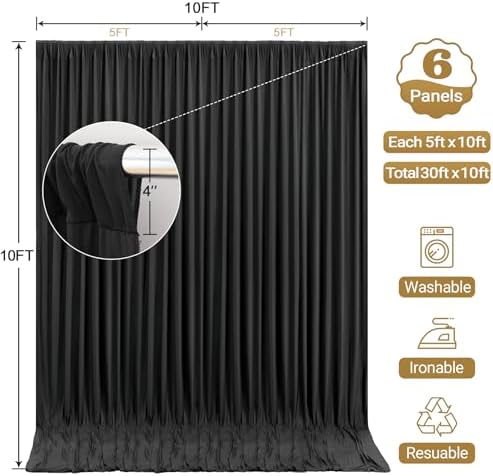 30x10ft Black Backdrop Curtain Panels for Parties - Wrinkle Free Polyester Photo Curtain Backdrop Wedding Back Drop Fabric Drapes for Party Decorations Background for Photography - Image 4