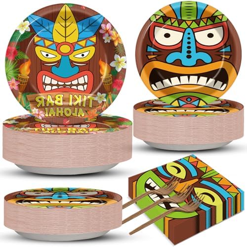 CHUNNIN 200 PCS Summer Tiki Party Plates Napkins Hawaiian Aloha Tableware Set Tropical Luau Themed Decoration Dessert Plates Forks Serve 50 Guests for Beach Picnic Pool Birthday Party Favor Supplies by CHUNNIN
