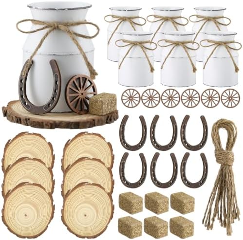 30 Pcs Western Party Decorations Mini Horseshoe Wagon Wheel Hay Bales Crafts Wooden Plate Farmhouse Vase Table Centerpieces Supplies for Western Birthday Wedding Party Favors Decor (White) by Unknown