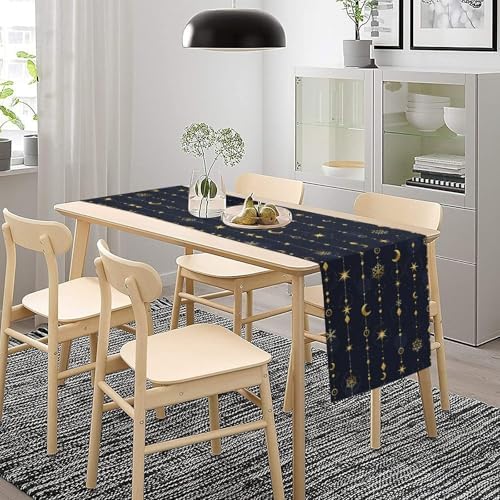 Magical Moon Table Runner Vintage Gold Crescents Stars Snowflakes Christmas Style Dinner Runner for Farmhouse Party Holiday Home Kitchen Dining Table Decoration 13"x120" - Image 3