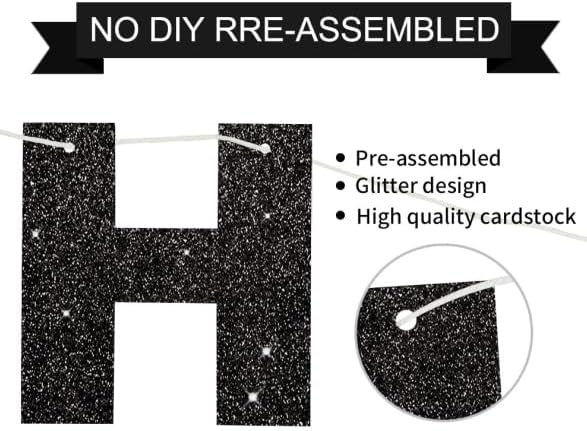 BEISHIDA Pre-Strung Glitter Black Happy Birthday Banner Party Sign Decor - Image 3