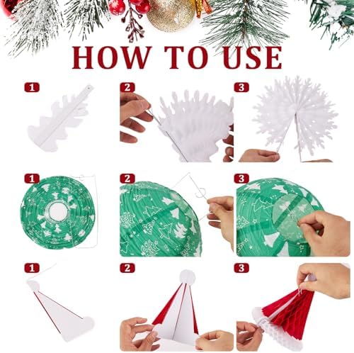 Christmas Hanging Decorations, 12 PCS Paper Lanterns, Honeycomb Christmas Trees, Hanging Paper Fans, Red Green Gold White Holiday Party Supplies for Home Xmas Holiday Party - Image 4