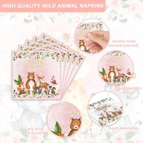 120PCS Woodland Party Supplies for Girls Baby Shower Pink Wild Animal Decorations Plates Napkin Cups Forks Knives Tableware Set for 20 Guests - Image 4