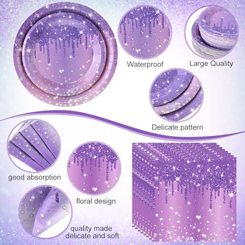 Funnymoom 452 Pcs Purple Glitter Birthday Party Decorations for 50, Purple Silver Paper Plate Napkin Cup Tablecloth Cutlery Straw Disposable Tableware for Women Birthday Wedding Bridal Shower Supplies - Image 3