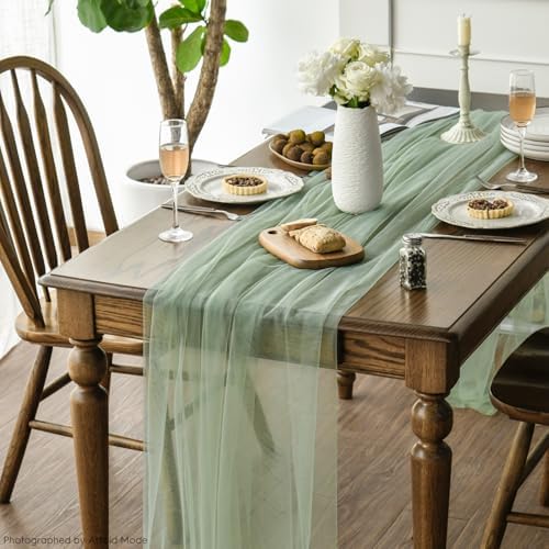 Artoid Mode Sage Green Gauze Table Runner 120 Inch 10FT, Seasonal Sheer Kitchen Dining Holiday Wedding Birthday Baby Shower Table Decor for Home Party - Image 2