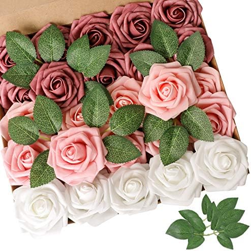 AmyHomie Rose Shades Rose 25pcs Real Looking Artificial Flowers w/Stem by AmyHomie