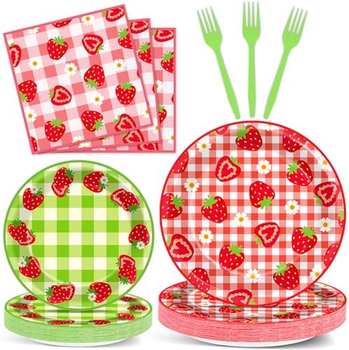 96Pcs Strawberry Party Plates and Napkins Birthday Party Supplies Spring Summer Fruit Paper Dessert Plates Strawberry Themed Tableware Set Disposable for 24 Guests 1st Birthday Party Decorations by CHUNNIN
