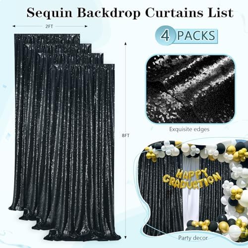 Black Sequin Backdrop 4 Panels 2FTx8FT Halloween Party Backdrop Curtains - Image 5
