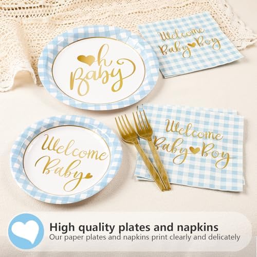96 Pcs Blue Gingham Baby Shower Party Decorations, Serves 24 - Image 3