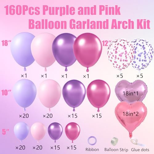 Pink Purple Balloon Garland Arch Kit,160Pcs Metallic Purple Magenta Balloons Pink and Purple Confetti Balloons with Heart Foil Balloon for Girl Birthday Bridal Baby Shower Party Decoration - Image 2