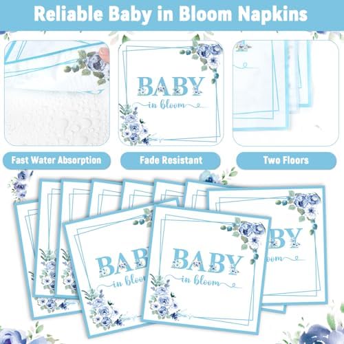 50 Guests Baby In Bloom Baby Shower Decoration Blue Flower Paper Plates Napkins Forks Spring Floral Theme Party Tableware Disposable Party Supplies Favor Plates For Boy Girl Birthday 200PCS - Image 4