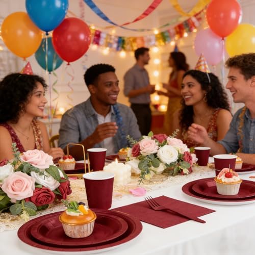 250Pcs Burgundy Paper Plates and Napkins Supplies, Include 9’’Paper Party Plate, 7’’Dessert Plates Cups Napkins Forks Sets for Birthday, Anniversaries, Wedding, Picnics, Serves 50 - Image 4
