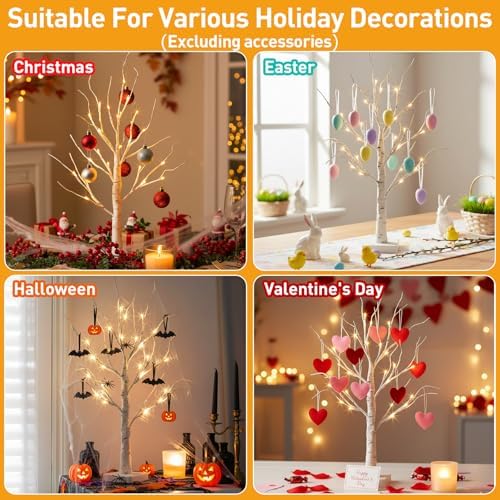 Vanthylit Lighted Tree, White Birch Tree with LED Lights, Prelit Artificial Tree with Timer, Centerpiece Tree Light for Christmas Decorations, Light Up Tabletop Tree Home Decor (2 FT, Warm White) - Image 6