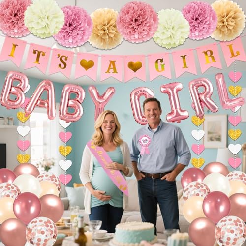 Pink Baby Shower Decorations for Girl Set with Its a Girl Banner Baby Girl Letter Foil Balloons Mom to Be Sash Dad to Be Pin Paper Pom Poms for Gender Reveal Decorations - Image 6