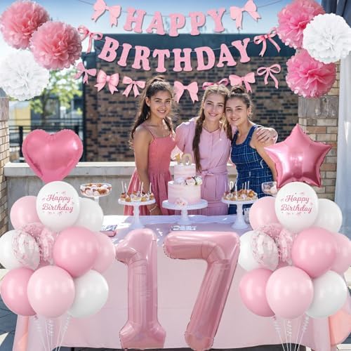 17th Birthday Decorations Girls Pink Number 17 Balloon Bow Coquette Party - Image 5