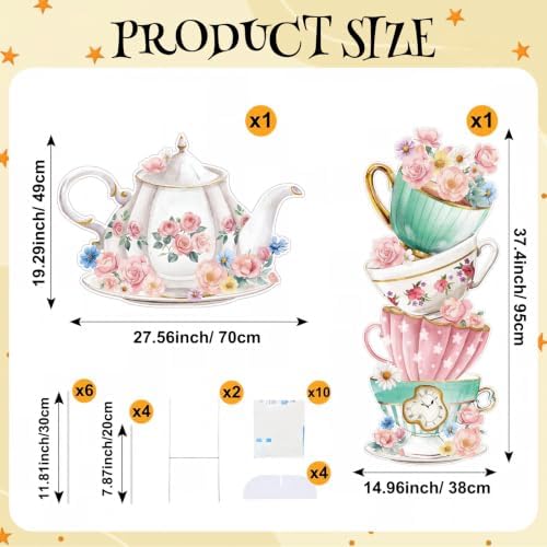 Panelee Wonderland Tea Party Yard Decoration, Wonderland Garden Yard Sign Stand Set Stacked Teacups and Teapot with Brackets for Tea Party Birthday Halloween Outdoor Decoration(Elegant Style) - Image 5