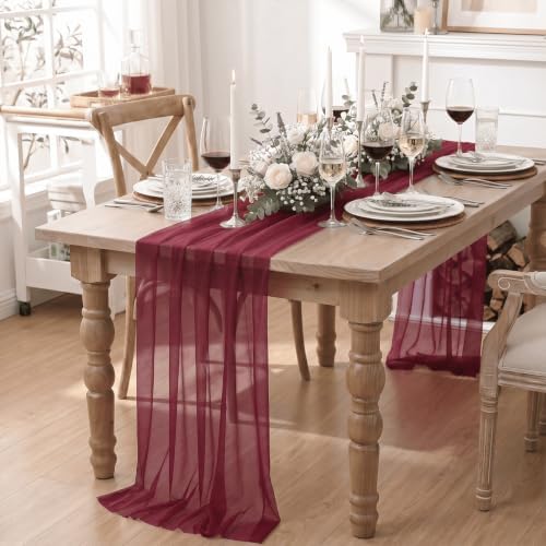 Artoid Mode 6Pcs Burgundy Gauze Table Runner 28x120Inch, Seasonal Sheer Kitchen Dining Holiday Wedding Birthday Baby Shower Table Decor for Home Party - Image 3
