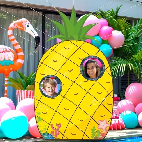 Pineapple Summer Photo Prop, Large Yellow Cartoon House Door Banner with 3 Photo Windows, Tropical Hawaii Party Supplies, Sea Beach Photography Background for Birthday Parties, Kids and Pets (80"x47") - Image 6