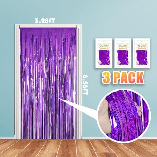 3 Pack 3.28ft x 6.56ft Glitter Purple Tinsel Foil Fringe Curtains, Photo Booth Backdrop Party Decorations for Birthday Wedding Baby Shower Graduation Bachelorette New Years - Image 2
