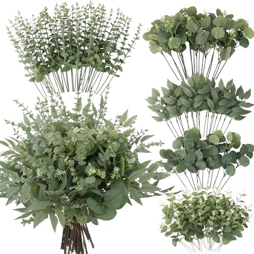 lovemoon 260 Pcs Artificial Mixed Eucalyptus Stems Bulk, 5 Kinds of Faux Greenery Eucalyptus Leaves Bulk for Vase Wedding DIY Bouquets Floral Arrangement Home Decor (260, Green) by Lovemoon